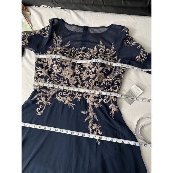 NEW $299 Betsy & Adam [ 12 ] Brooklyn‎ Metallic Embroidered Gown Navy Blue Rose - Picture 3 of 14